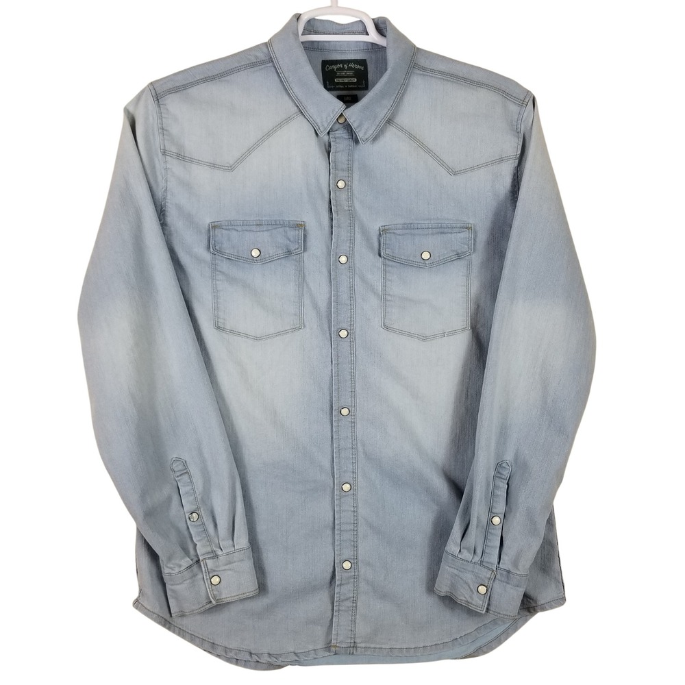Canyon of Heroes Mens Light Wash Denim Eagle Graphic Western Pearl Snap Shirt L